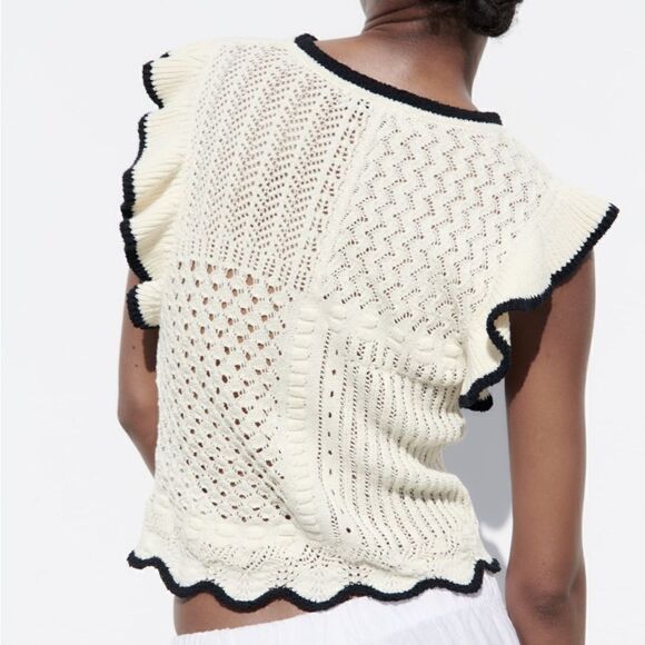 Zara Pointelle Ruffled Knit Top New - Picture 3 of 7